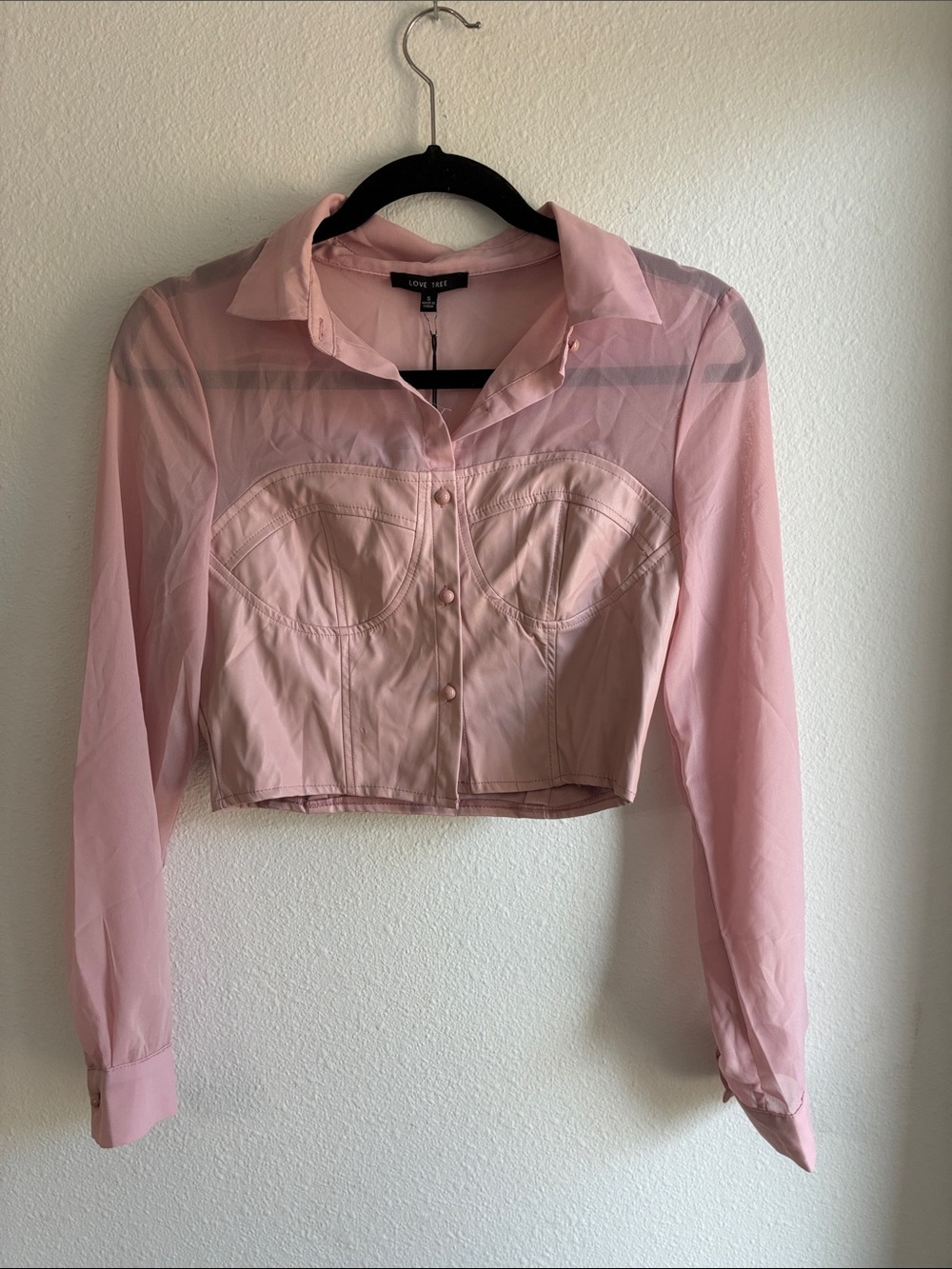 Love Tree Pink Sheer Corset Crop Button-Down